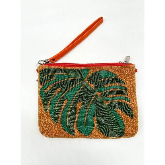 NATASHA beaded palm tree clutch wristlet shoulder bag - Orange/Green - Picture 7 of 8